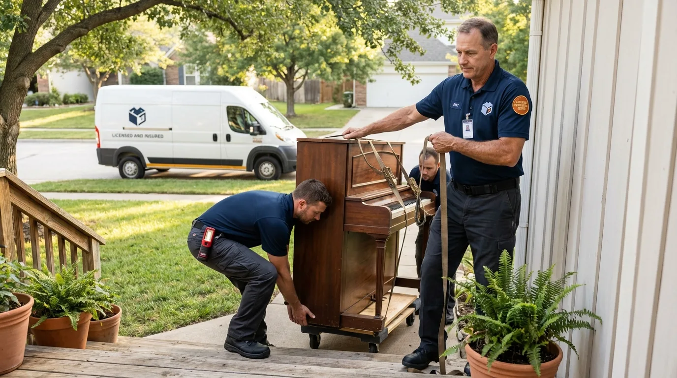 Licensed piano movers securing grand piano in Harvard, IL