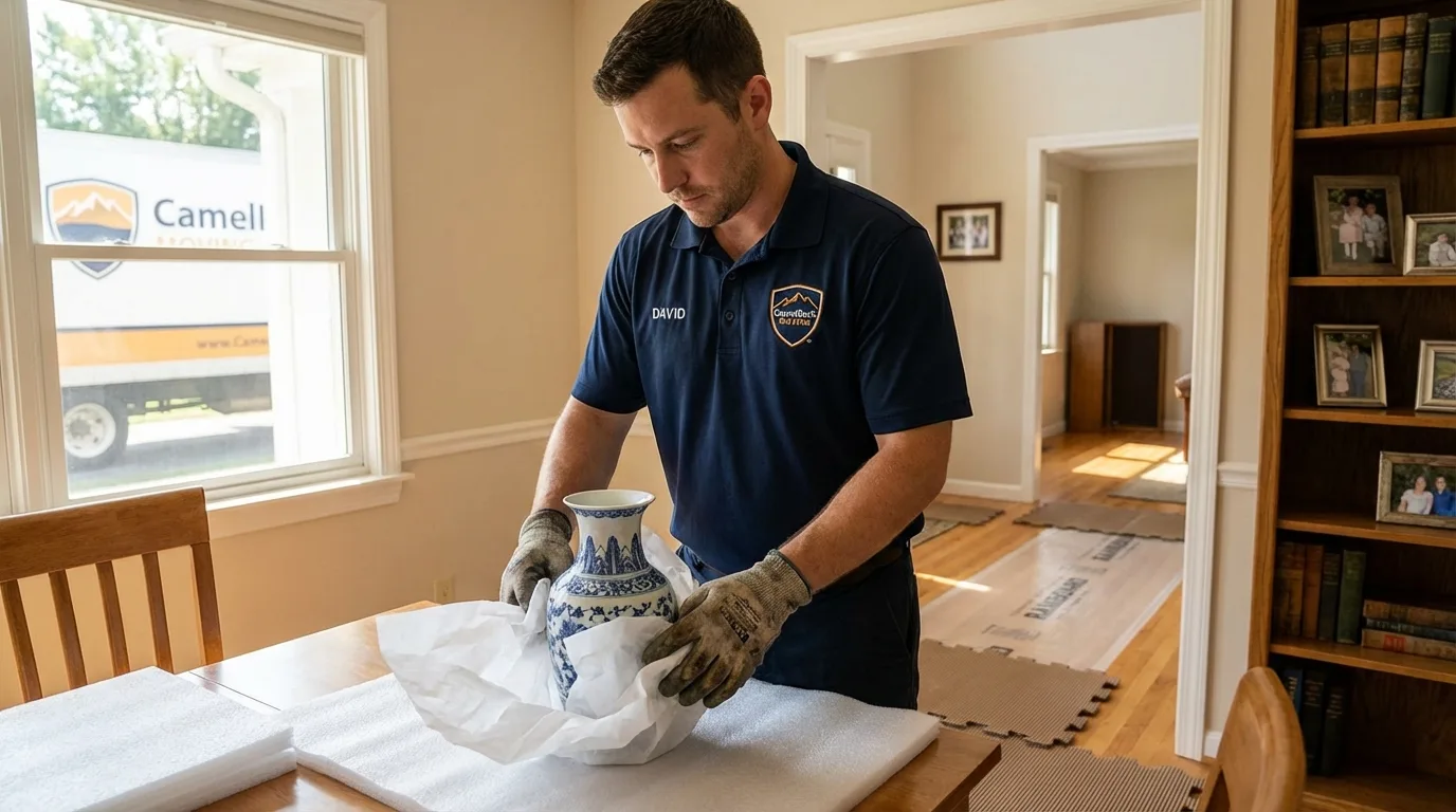 Professional crew carefully wrapping antique vase for senior downsizing move in Harvard, IL